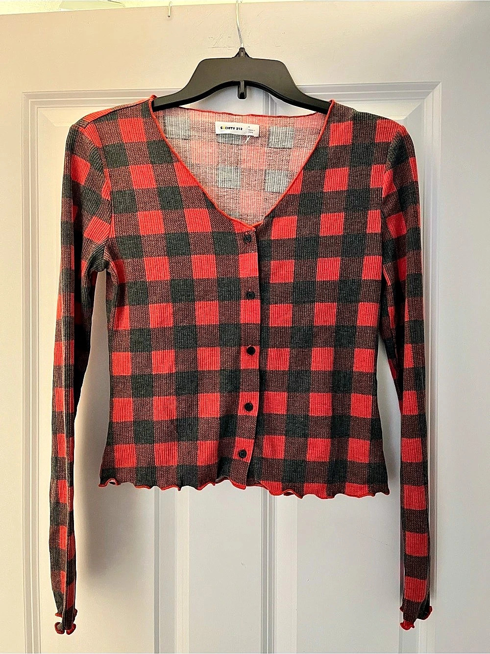 Society 212 Checkered Ruched Cardigan Button Up Top and Cami Set in Red & Black